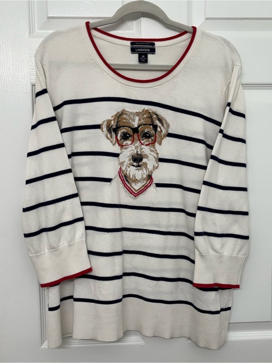 Lands' End Sweaters - Lands End Women’s White Crewneck Sweater with Navy Stripes & Red Trim 2XL